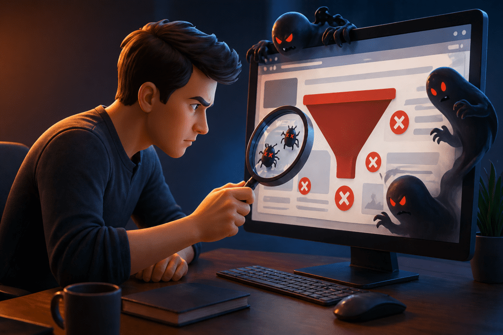 Man analyzing website conversion issues with magnifying glass, identifying hidden conversion problems on a digital screen