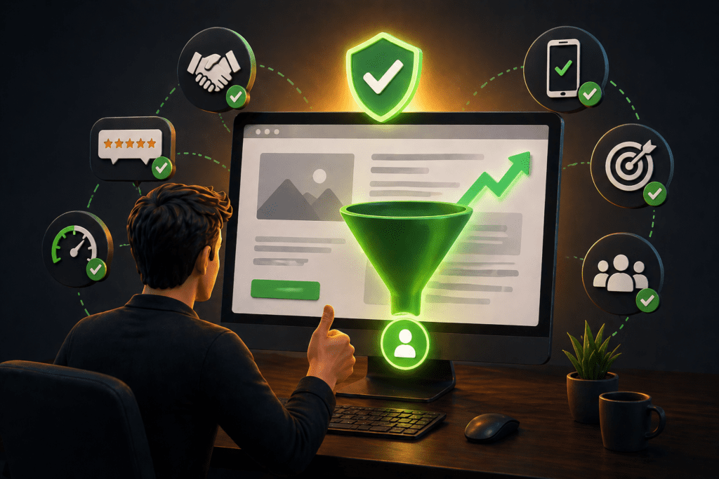 Man improving website conversion with optimized funnel and positive performance indicators on screen