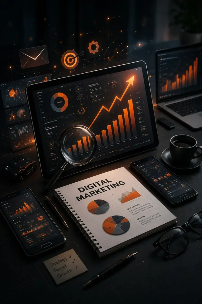 Digital marketing analytics dashboard showing data-driven strategy and business growth performance