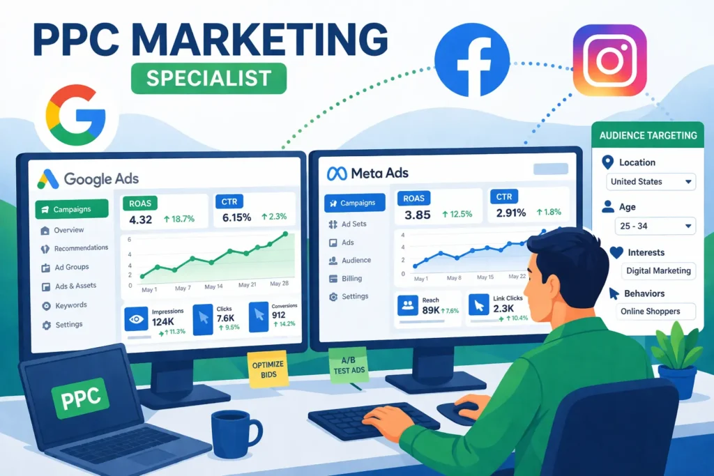 PPC specialist career in digital marketing 2026 — managing paid advertising campaigns on Google and Meta