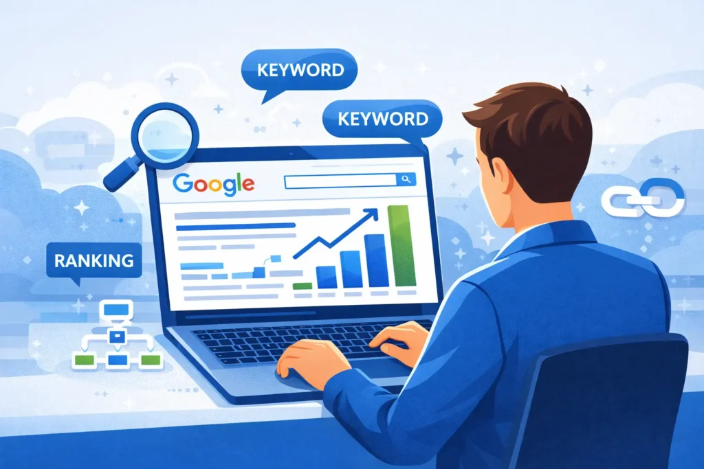 SEO specialist career in digital marketing 2026 — person analyzing keyword rankings and search engine results