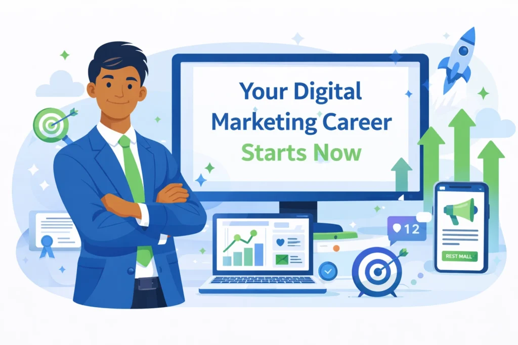 Start your digital marketing career in 2026 — motivational banner for top 10 career options in digital marketing