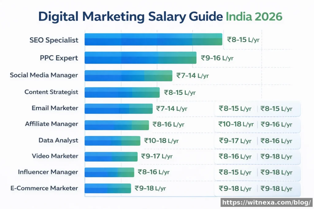 Digital marketing salary comparison India 2026 — salary ranges for top 10 career options in digital marketing