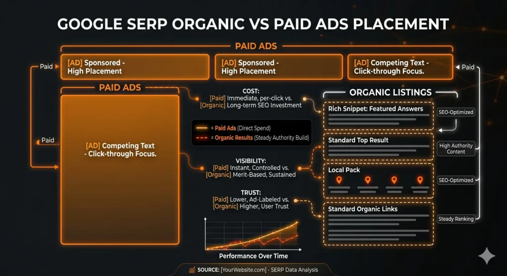 Google search results page showing difference between organic SEO listings and Google Ads
