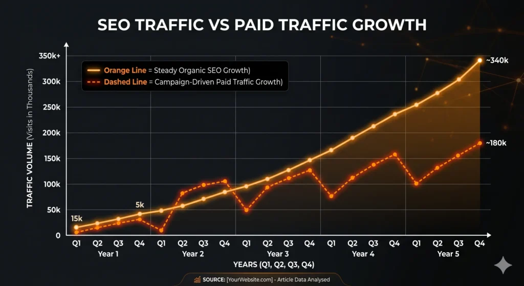  Graph comparing SEO organic traffic growth vs Google Ads paid traffic over time]