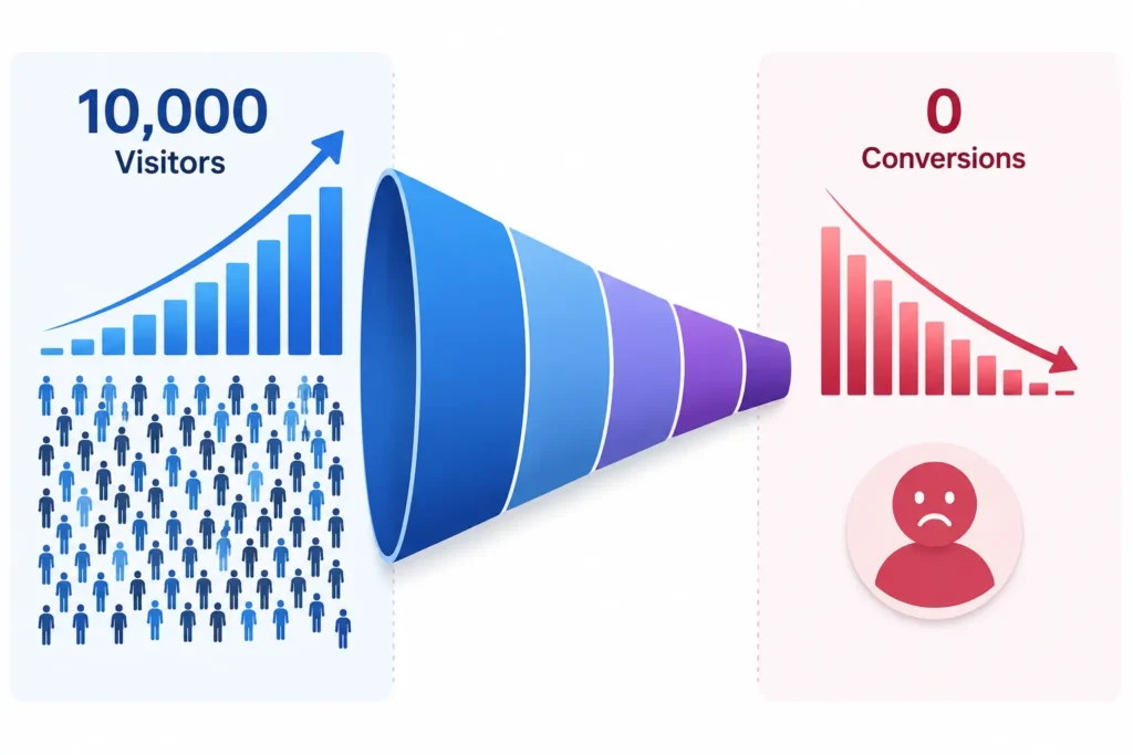 Website traffic but no conversions illustration showing many visitors and low sales