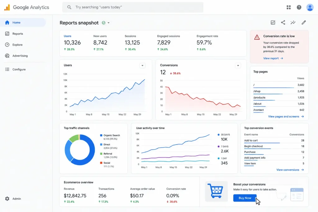 Website analytics dashboard showing high traffic and low conversions