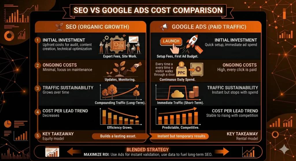 nfographic showing monthly cost comparison between SEO and Google Ads for small businesses